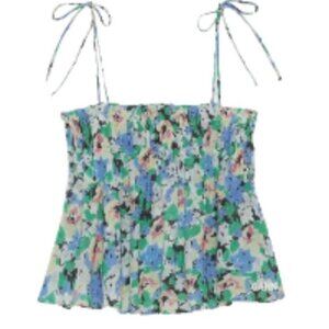 Ganni Cotton Smocked Beach Cami Top Floral Azure Blue 38 NWT